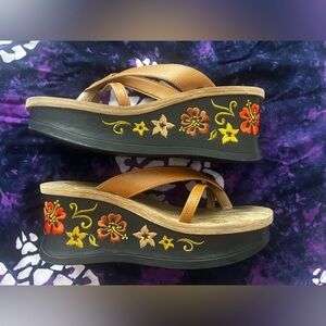 Grendha Women's Floral Embroidered Wedge Sandals - Brown and Black